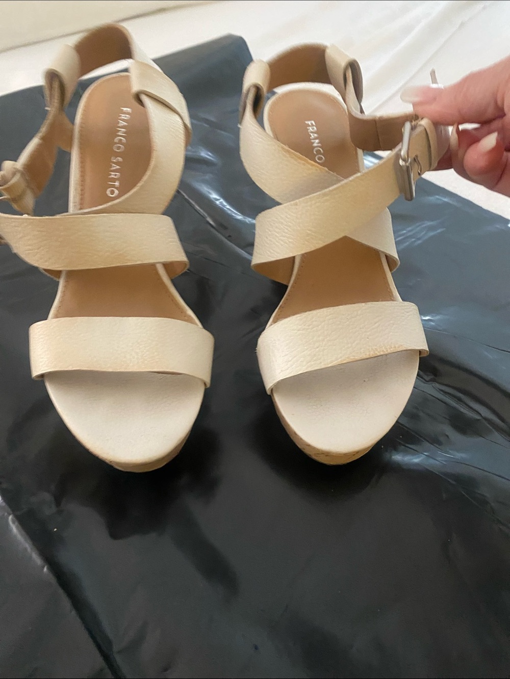 Franco Sarto Neutral Crisscross Ankle Strap Wedge Sandals 4 1/2” heel